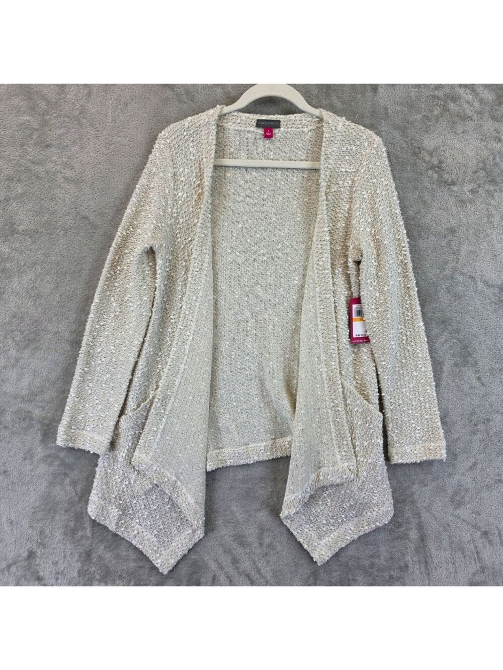 Vince Camuto Cardigan Sweater Womens S White Open Knit Draped Hem Pockets Soft